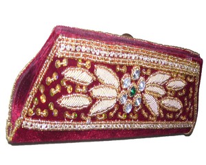 Lowellcraft Indian Bridal Clutch Purse with Zircon & Dabca Work <b>Red</b> Polyester Made in Delhi - Product Image 1