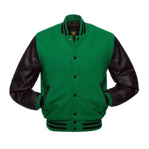 Veste bomber verte Varsity, veste Letterman avec manches en cuir, vente en gros de vestes varsity en cuir personnalisées pour hommes - Product Image 1