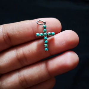 Turquoise Croix Gemstone Pendentif Fait À La Main 925 Collier En Argent Sterling Spirituel Boho Bijoux Cadeau - Product Image 1