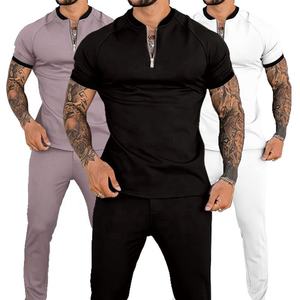 Ensemble de survêtement unisexe grande taille coupe ajustée pour l'automne – T-shirt polo à manches courtes zippé et col revers, pantalon de sport uni léger - Product Image 1