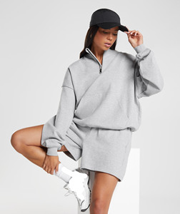 Sudadera con capucha y cremallera de gran tamaño para mujer con logotipo personalizado 100% algodón hombro caído pulóver ropa de calle media cremallera 380GSM gris jaspeado - Product Image 3