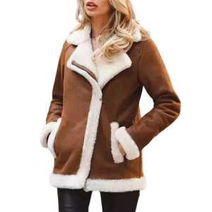 Chaqueta de bombardero con cremallera de cuero de piel de oveja Premium marrón, abrigo con forro de piel de oveja, chaqueta de bombardero para mujer - Product Image 2