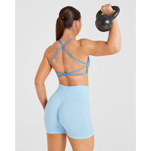 Soutien-gorge de sport à dos croisé bleu d'été personnalisé flatteur décolleté en V à bretelles dans le dos soutien-gorge de sport à impact élevé pour femmes adultes - Product Image 5