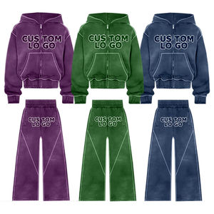 2025 survêtement surdimensionné lavé à l'acide personnalisé hommes français éponge strass Vintage pantalon évasé et sweat à capuche 2 pièces ensemble survêtement - Product Image 4