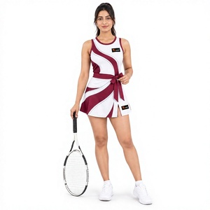 Robe de tennis sans manches pour femme Tiierwear, col rond, color block, anti-humidité, ajustée, vêtement de sport blanc et bordeaux - Product Image 1