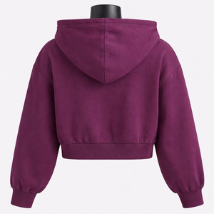 Sudadera con capucha corta de forro polar con cremallera completa para mujer, manga abullonada, capucha con cordón, color liso, logotipo personalizado, OEM, marca privada - Product Image 2