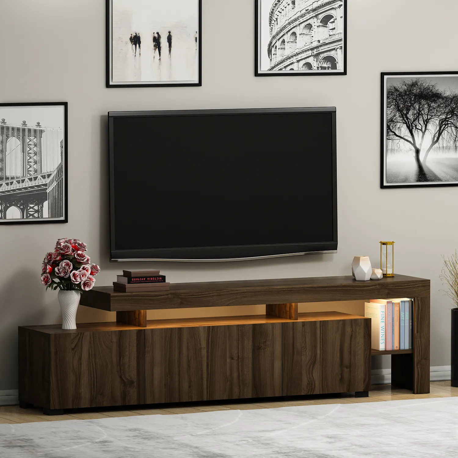 Wholesale BELIZ illuminated Tv Stand Walnut Premium Quality Luxury Bookshelf Led Light Functional Living Room Home Furniture