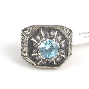 Men's 925 Sterling <b>Silver</b> Octagonal Aquamarine <b>Ring</b> Pen-Shaped with Zircon Stone Gift - Product Image 4