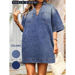 Vestido Vaquero para Mujer Paola Riboni, Cuello en V, Manga Corta, Corte Holgado en A, con Bolsillos, Largo Maxi, Color Sólido, Estilo Casual - Product Image 1