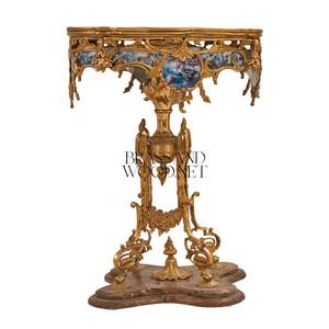 Mesa Auxiliar Redonda de Lujo con Tapa de Mármol Marrón, Pedestal de Latón Dorado Fundido a Mano e Incrustaciones de Porcelana para Decoración de Esquinas de Palacios - Product Image 2