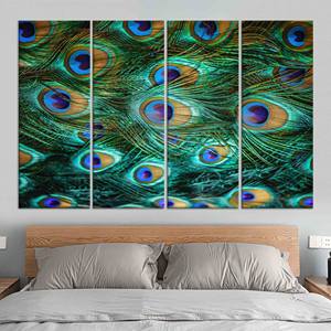 งานศิลปะติดผนังกระจกประดับขนนกยูงสีสันสดใส: งานศิลปะบนผ้าใบพิมพ์ลาย ชุดผ้าใบ 4 ชิ้น - Product Image 1