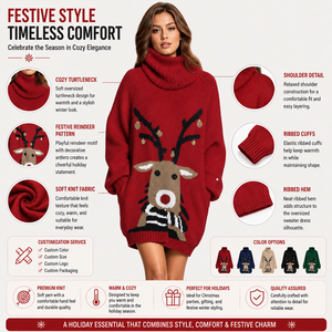 Robes <span class=keywords><strong>de</strong></span> Noël moches FNJIA Pink Queen pour femmes, <span class=keywords><strong>robe</strong></span> en tricot à col roulé surdimensionné, <span class=keywords><strong>robe</strong></span> <span class=keywords><strong>de</strong></span> fête avec poche - Product Image 3