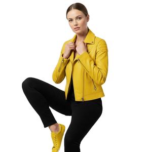 Chaqueta de Motociclista de Cuero Amarillo para Mujer, Etiqueta Tejida Personalizada, Precio de Fábrica al por Mayor, Estilo Motero Genuino, Abrigo de Moda para Mujer - Product Image 1