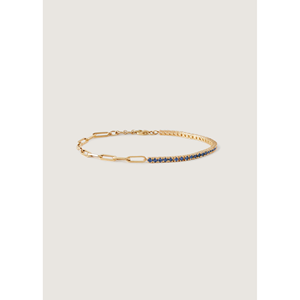 Pulsera Coco Tennis Link con Zafiro Azul, Baño de Rodio y Oro, Diseño Geométrico Clásico, Joyería de Cobre con Perlas para Uso Religioso - Product Image 1