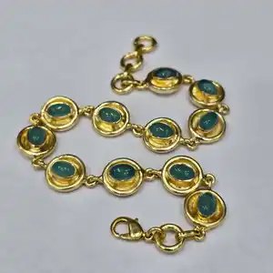 925 Sterling Silver Excellent Quality Gold Plated Trendy Handmade Designer Bracelet Blue Chalcedony Gemstone