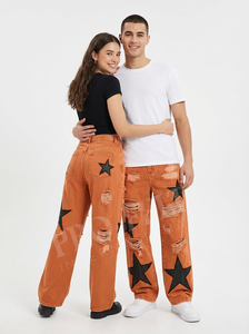 Jeans en denim délavé en gros, OEM, avec patch étoile, jambe droite, streetwear, taille haute, coupe ample, jeans tendance - Product Image 6