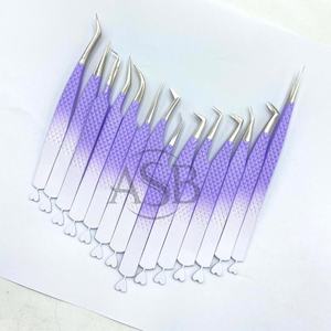 Pinzas de pestañas recubiertas de polvo blanco púrpura Ombre de dos tonos Etiqueta privada personalizable Acero inoxidable japonés sostenible en punta - Product Image 3