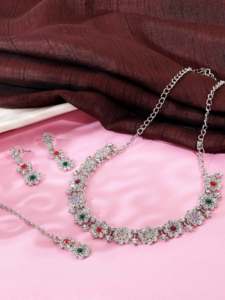Austrian Stone Colorstone Necklace Set Floral <b>Wedding</b> and Party Wear Silver Plated Alloy Jewelry for Anniversary <b>Gift</b> Her - Product Image 2