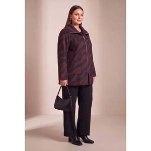 Abrigo de Punto con Estampado de Leopardo, Sin Forro, Talla Grande, Color Vino-Tinto/Negro - Product Image 3