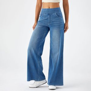 <b>Women</b> Pockets Straight Wash Vintage <b>Jeans</b> Fashion <b>Elastic</b> <b>Waist</b> Wide Leg Denim <b>Jeans</b> <b>Women's</b> Pants & Trousers Casual Streetwear - Product Image 3