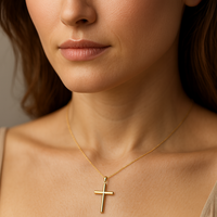 Colgante de Cruz Cristiana Religiosa Hecho a Mano en Oro de 14K, Grande, Sólido, Amarillo, Unisex, para Hombre y Mujer, Regalo, Sin Níquel