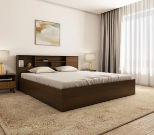 Cama moderna de plataforma de madera con un diseño minimalista de perfil bajo y acabado en nogal, disponible a precios de mayoreo. - Product Image 2