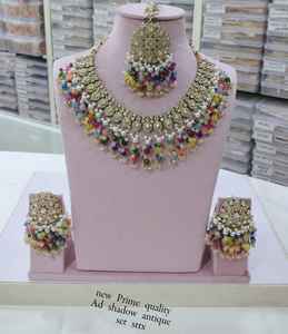 Antique Gold Plated Ethnic Engagement Wedding Alloy Cubic Zircon Crystal Dangle Drop <b>Choker</b> Necklace and Earring Set for Women - Product Image 4