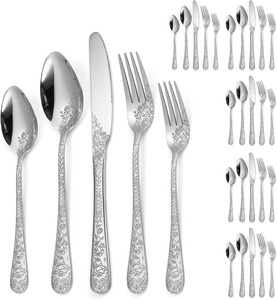 Ensemble de couverts en bois floral élégant pour mariage, fourchettes, cuillères, couteaux polis miroir, luxe, résistant à la chaleur, service de couverts imprimé au laser - Product Image 5