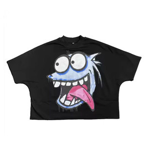 Tops de corte y costura de gran tamaño personalizados, camisetas de algodón con cuello redondo, apliques estampados, parche desgastado, bordado, camisetas recortadas cuadradas para hombres - Product Image 1