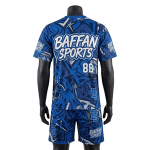 Ensemble short de basket en mesh polyester respirant, motif graphique bleu, short en jersey, logo personnalisé par sublimation pour ensemble short homme - Product Image 2