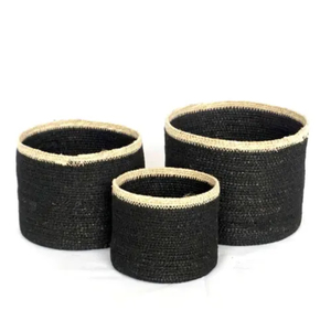 Vintage Handmade Bohemian Seagrass <b>Woven</b> Storage <b>Basket</b> Brown Cream <b>Black</b> Striped Living Room Organizer - Product Image 3