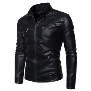 Veste en cuir d'hiver pour hommes col montant couleur unie veste à fermeture éclair serrée haute qualité mode de rue manteaux décontractés vêtements pour hommes - Product Image 4