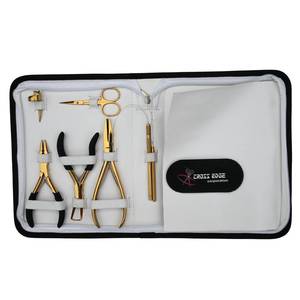 Kit d'installation d'extensions capillaires : Pince à sertir à trois trous et à pointe plate dorée, applicateur pour extensions à bandes, pinces bec de canard et ciseaux à anneaux - Product Image 6