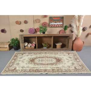 พรมขนแกะสไตล์ตุรกีโบราณสีเบจสีน้ำตาล3.8 x 7ft เย็บปะติดปะต่อกันพื้นที่ขนาดใหญ่สำหรับห้องโถงห้องนอนยางสี่เหลี่ยมห้องข้างเตียง - Product Image 1