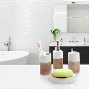 Ensemble de salle de bain en céramique blanc et <span class=keywords><strong>beige</strong></span> 4 pièces avec distributeur de savon, porte-brosse à dents, gobelet et porte-savon - Product Image 4
