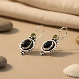 Boucles d'oreilles pendantes tendance pour femmes en argent sterling 925 avec onyx noir, péridot, rubis, jade, diamant plaqué or pour fiançailles - Product Image 2