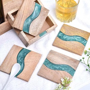 Handmade Wooden Resin Coaster Set Square with Blue River <b>Epoxy</b> Design Rustic Modern Drink Coasters for Dining Table and Bar - Product Image 4