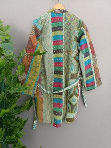 Wholesale Indian Quilted Patchwork Kantha Jacket for Women Long Winter Coat Full Sleeves <b>Belt</b> Cotton-Filled Bridal Dressing Gown - Product Image 4