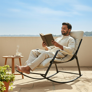 Confort en bois massif pliable chaise berçante intérieur extérieur Design ergonomique Polyester tissu poche latérale cadre en métal salon - Product Image 4