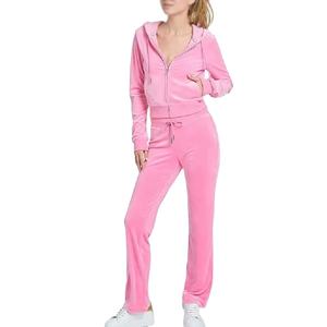 Ensemble de survêtement en velours pour femme, 2 pièces, rose, haut court et pantalon de jogging, léger, respirant, coupe-vent, vêtements de sport, OEM personnalisé - Product Image 1
