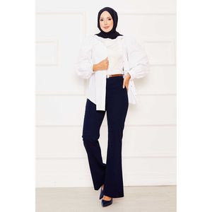 Navy Blue Spanish-Style Wide-Leg Pants with High-<b>Waisted</b> <b>Elastic</b> Waistband Breathable and Wrinkled Design - Product Image 1