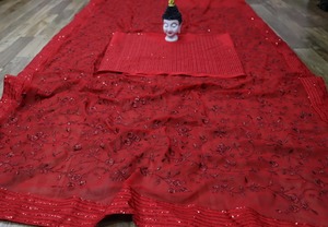 Indian Ethnic Outfit Wedding Party Wear Georgette <b>Red</b> Saree With Sequence Embroidery Work & Lace Export Quality Supplier India - Product Image 5