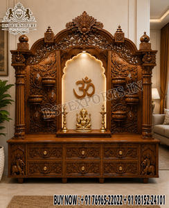 Mandir en bois de teck Vedic Tree Kalpavriksha, armoire de temple traditionnelle en bois avec sculptures de l'Arbre de Vie et d'éléphant, USA - Product Image 2