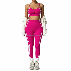 Conjunto de Yoga de 2 Piezas Personalizado OEM para Mujer, Sujetador Deportivo Fruncido y Leggings de Cintura Alta con Ribete en Contraste, Ropa Deportiva sin Costuras para Gimnasio - Product Image 1
