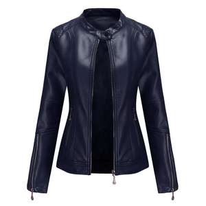 Blousons motards tendance pour femme en cuir tanné bleu marine, coupe ajustée, respirants, avec fermeture éclair, col montant et poches, style moderne - Product Image 1