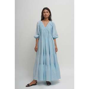 Vestido Bohemio de Verano para Mujer, Azul Cielo, con Capas, Largo hasta el Suelo, Cuello en V, Manga Corta, Algodón, Casual, Estilo Gótico, Floral, Paisley - Product Image 1