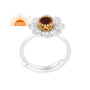 Trendy Natural <b>Garnet</b> Gemstone Gold On Fine Sterling <b>Silver</b> Floral Engagement <b>Ring</b> Manufacturer of Indian Gemstone Jewelry - Product Image 1