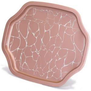 Bandeja grande de borde ondulado curvo de 285x400mm, patrón blanco, fondo de oro rosa, bandeja de servicio de madera de mango ovalada decorativa, OEM/ODM, bienvenida - Product Image 2