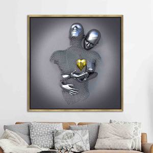 Art mural en verre moderne : Couple s'embrassant en argent, impression sur toile cœur doré, TOILE ENCARTÉCHÉE DORÉE - Product Image 1
