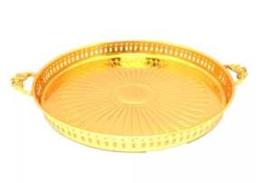 Brass Matt Finished Embossed Decorative <b>Oval</b> Tray with Handles & 4 Legs Designer Brass Serving Tray - Product Image 2